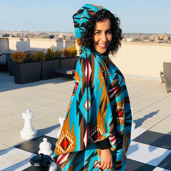 ZooFleece Blue Southwestern Aztec Tribal Indian Hooded Women’s Poncho Cape - Picture 2 of 4